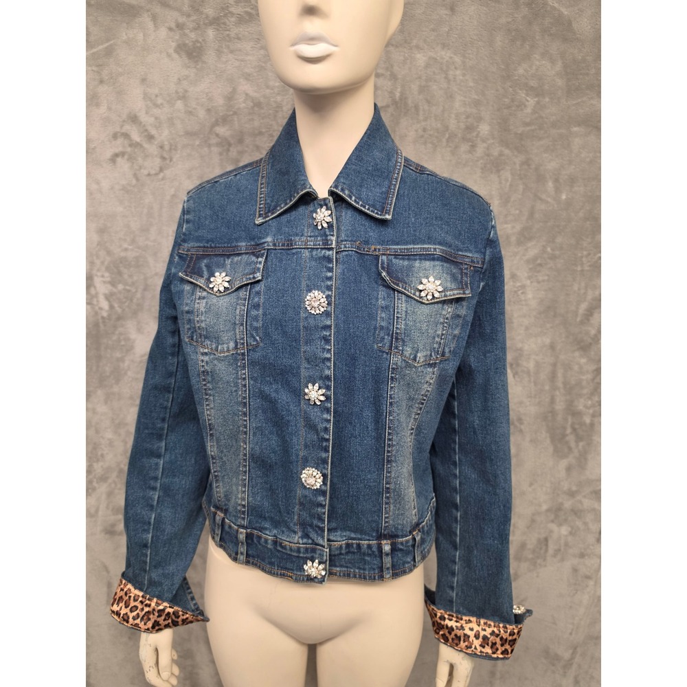 Y2K Denim Jacket Rhinestone Flower Buttons Leopard TrimBerek Takako Sakon